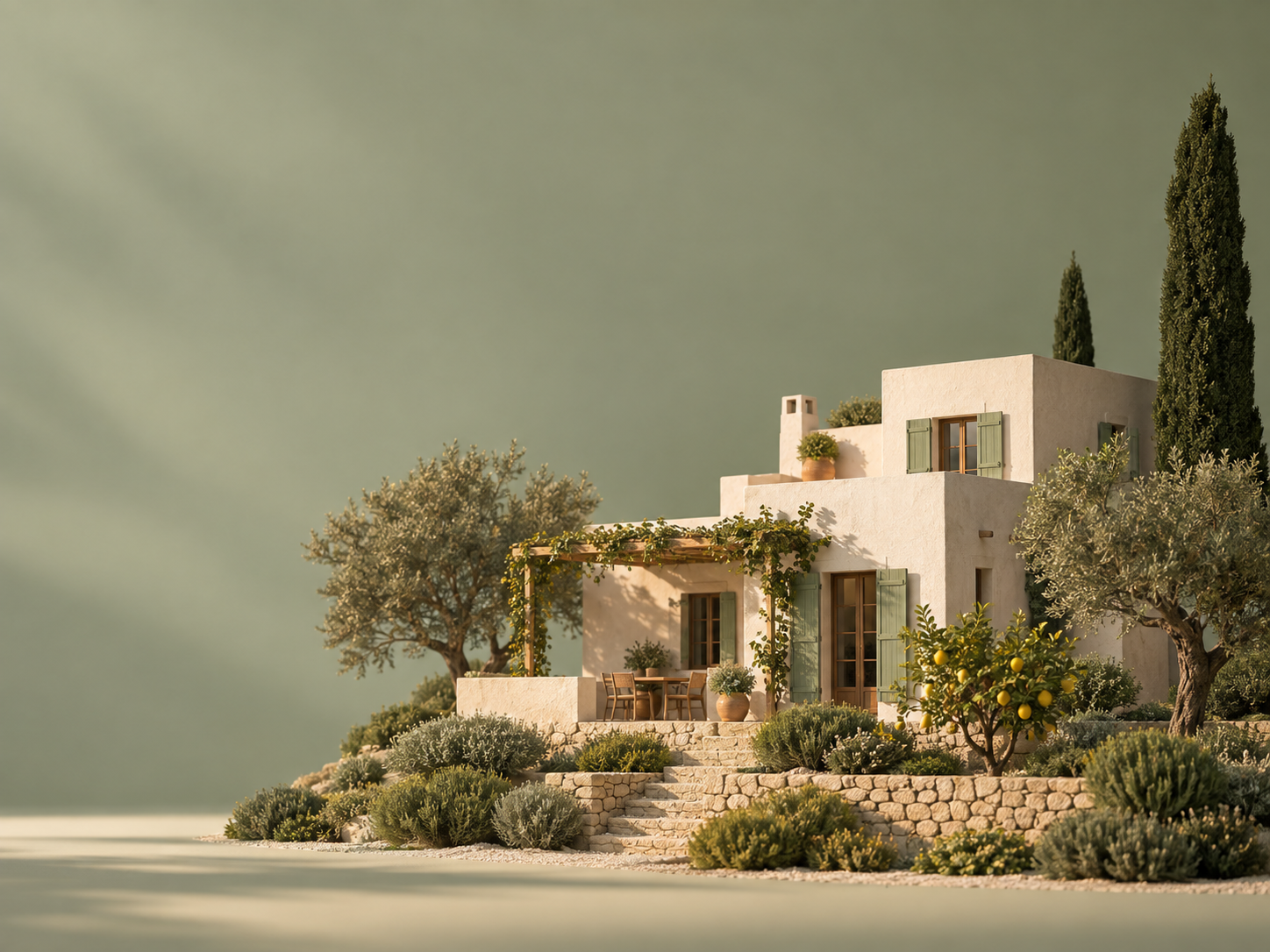 Illustration of a Mediterranean home with a terrace and garden